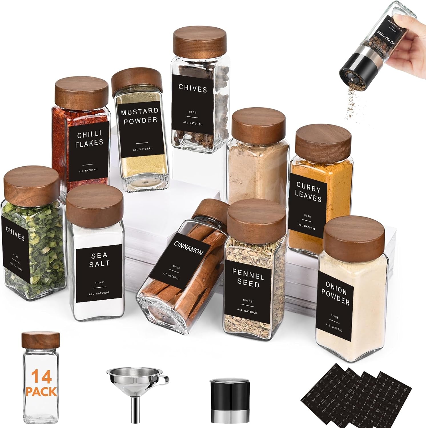 Elevate Your Kitchen with Our 14-Piece Glass Spice Jar Set - 4oz Square Containers with Airtight Wood Lids, Labels, and Funnel for Perfect Seasoning Storage