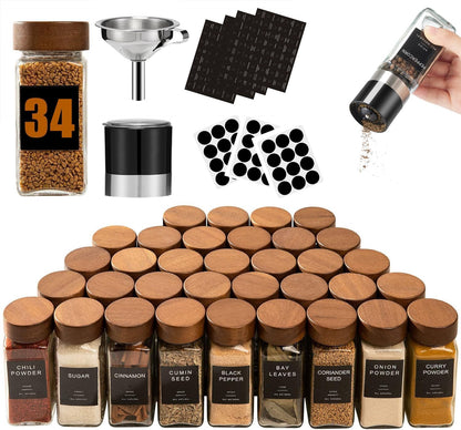 Elevate Your Kitchen with 34Pc Glass Spice Jars - 4Oz Square Containers with Airtight Wood Lids, Grinder, and Labels for Perfect Seasoning Organization